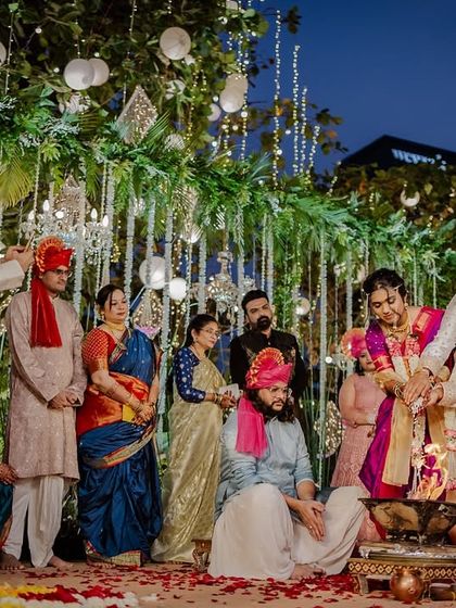 The Saptapadi ritual during a Maharashtrian wedding, with the couple taking their first steps together as husband and wife.