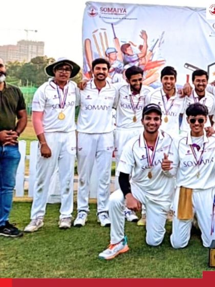 The K J Somaiya Institute of Management Cricket team celebrates with their trophy after clinching their first-ever Lakshya 2026 title. This hard-fought victory is a proud moment for the entire institute.
