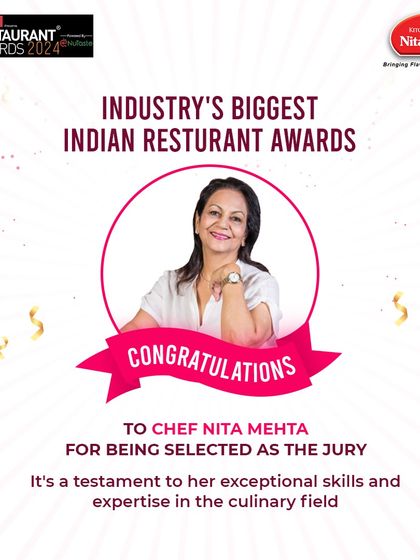 A graphic celebrating Chef Nita Mehta's selection as a jury member for the Indian Restaurant Awards. It is a testament to her exceptional skills and expertise in the culinary field.