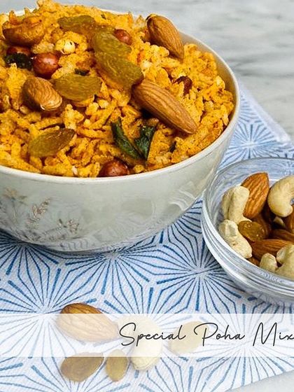 My Special Poha Mixture is a delightful trail mix, loaded with flattened rice, almonds, cashews, and raisins. It's a perfect balance of sweet and savory flavors.