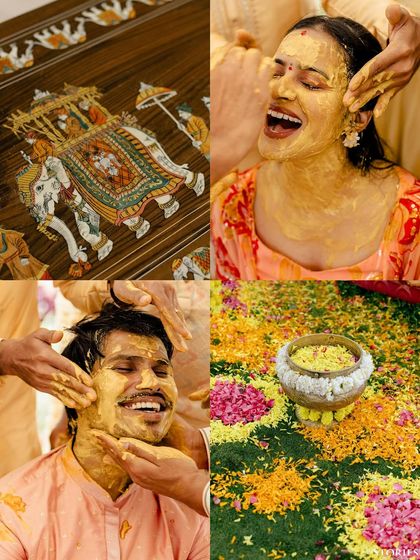 A collage capturing the essence of the Haldi ceremony: the decor, the laughter, the joy, and the vibrant colors of the flowers.