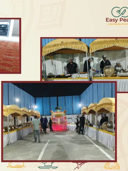 This collage showcases our versatile outdoor stall setups. These covered stations are perfect for fairs, large gatherings, and outdoor weddings, protecting the food and staff.