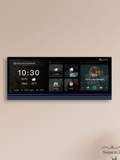 A closer look at the HomePad's crisp, clear display. The interface is designed for easy navigation, showing time, weather, smart scenes, and music controls.