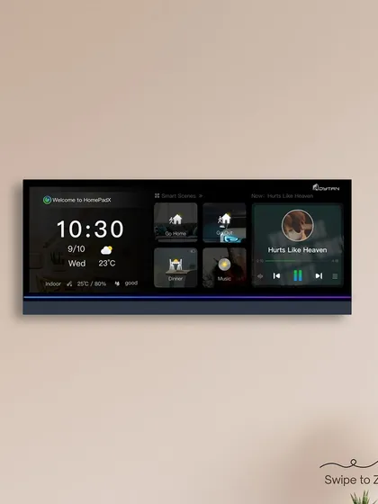 A closer look at the HomePad's crisp, clear display. The interface is designed for easy navigation, showing time, weather, smart scenes, and music controls.