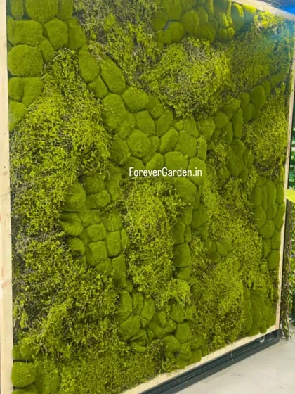 A close-up of a preserved moss wall panel, showcasing its unique, spongy texture that provides a modern and organic feel.