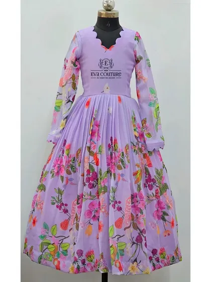 A full view of the lavender floral organza gown, perfect for older girls.