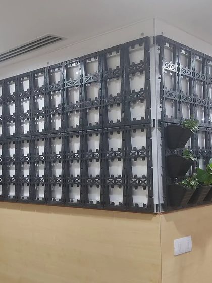 This shows the back-end of a vertical garden. I use a modular grid system that allows me to build walls of any size and shape, ensuring a secure and professional installation.