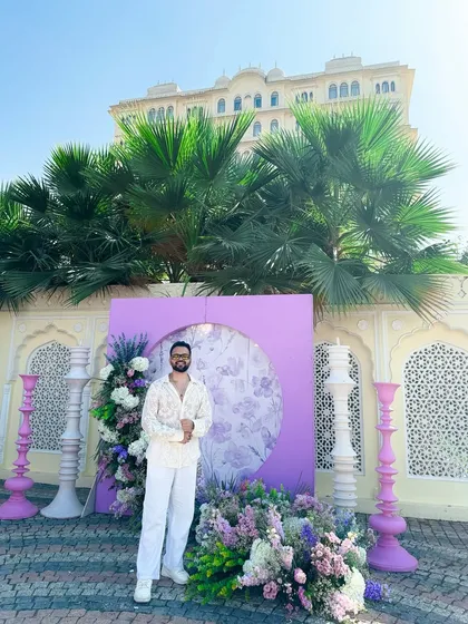 Enjoying the beautiful lavender-themed decor at the Hyatt Regency in Jaipur before a Haldi ceremony. The venue was perfect for the occasion.