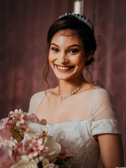 The pure joy of a bride on her wedding day, her smile lighting up the room. This candid portrait captures her happiness and excitement perfectly.