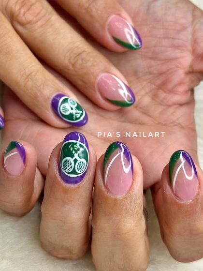 Custom Wimbledon-themed nails for a client traveling to London for the tournament. We included the official colors and even hand-painted the logo.