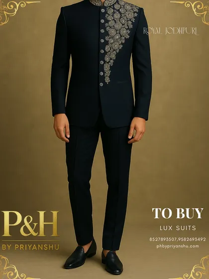 A view from a slight distance, showing how the complete navy blue Jodhpuri ensemble creates a powerful and cohesive statement of style.