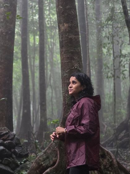 A trekker pauses to take in the serene beauty of the misty shola forest during the Kurinjal trek. These ancient forests have a magical quality.