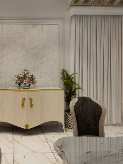 A detail shot of a custom-designed credenza against a subtly patterned feature wall. This piece combines elegant form with practical storage, complemented by decorative plants that add a touch of nature to the sophisticated interior.