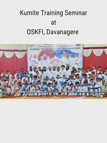 A group photo from our successful Kumite Training Seminar in Davanagere, with over 50 participants. We covered both basic and advanced sparring techniques.
