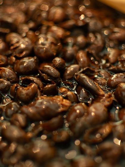 A close-up of candied cacao nibs, an element from a dessert by Ground Up. The sweet and bitter notes of the nibs balanced a tangy lacto-fermented strawberry compote, showcasing a masterful play on fermented flavors.