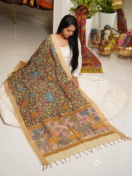 This is a glimpse into my Kalamkari Edition, featuring a wide array of hand-painted dupattas and fabrics from the Indralokam series. Each piece is a unique story, available for you to customize into your dream outfit.