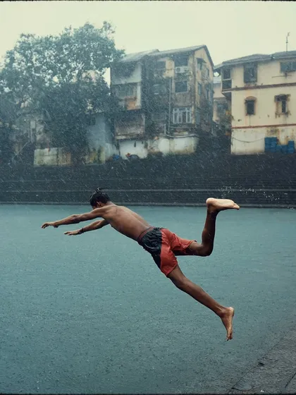 Beyond the big events, I find stories in quiet corners. This shot from the historic Banganga Tank during the monsoon captures a moment of pure, uninhibited joy. It reflects my philosophy of finding beauty in the simple, everyday life of the city.