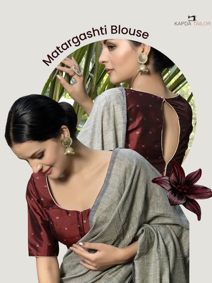 The Matargashti blouse, seen from the front and back. I designed it with a playful keyhole back and a rich maroon silk blend fabric for a look that is both bold and breezy.