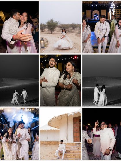 A collage capturing the 'Ivory Dream' sangeet night in the deserts of Jaisalmer. We styled the entire family in shades of ivory for a look that was ethereal, elegant, and reminiscent of a Sanjay Leela Bhansali film.