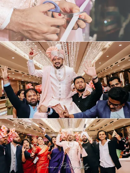 A collage capturing the groom's energetic baraat procession. From the ribbon-cutting ceremony to being lifted by friends, we document every joyful tradition.