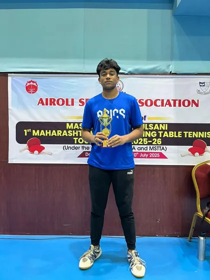 Akanksh Sahoo with his Silver Medal trophy at the 2nd and 1st State Maharashtra Ranking Tournaments in the U-17 Boys category.