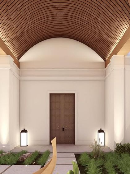 The front entrance render for "Kettuvallam," showcasing the dramatic, curved wooden roof that defines the project. This design blends traditional inspiration with modern architectural forms.
