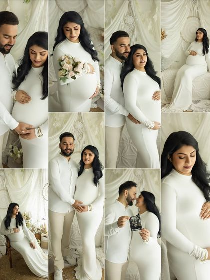 A collage of beautiful moments from a maternity session with a white and neutral color palette. It shows a variety of poses, including solo, couple, and announcement shots.