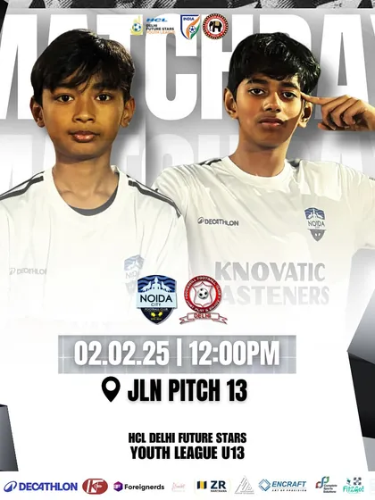The official matchday poster for our first game of the U13 Delhi Youth League season, featuring two of our promising young talents.