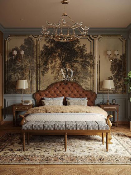 A wider view of the Victorian-inspired bedroom, showing the custom wardrobes that flank the bed. The design balances bold patterns and rich textures with clean lines and a cohesive color palette.