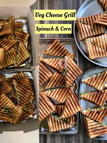A large order of Veg Cheese Grill Sandwiches, with a delicious spinach and corn filling. Perfect for parties and picnics.