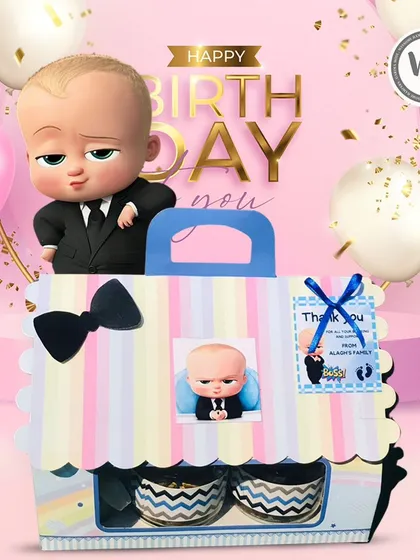 Welcome your own little boss with this fun birthday hamper. The Boss Baby theme is perfect for a first birthday, and the box is designed to hold cupcakes or other return gifts.