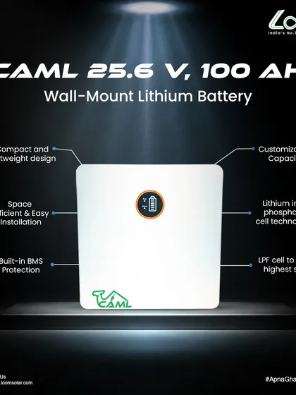 The CAML 25.6V, 100Ah wall-mount lithium battery is a compact and lightweight energy storage solution. It uses safe LPF cell technology and has a built-in BMS for protection and peace of mind.