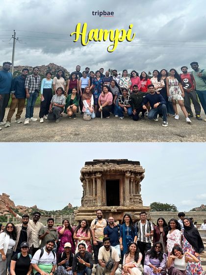 A collage showing our group at different locations in Hampi, from a viewpoint overlooking the landscape to the iconic Stone Chariot.