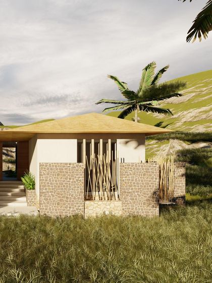A close-up view of the Serenity guesthouse render, highlighting the material palette. We chose stone for the low walls and vertical bamboo screens to create texture and privacy, rooting the building in its vernacular context.