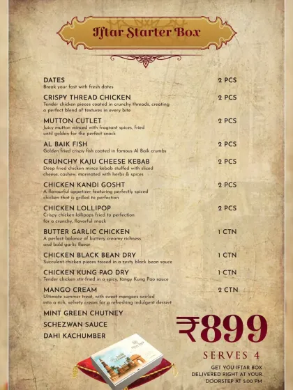 The extensive menu for our Iftar Starter Box, featuring 10 different types of appetizers.