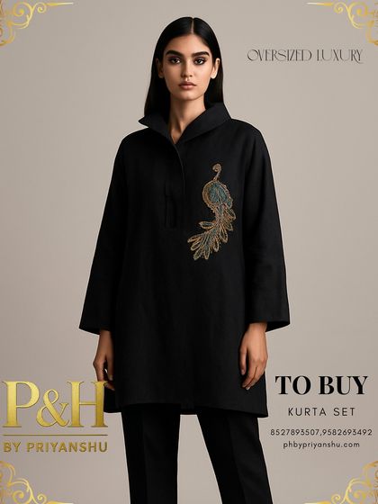 A closer look at the black linen kurta, focusing on the intricate, colorful hand-embroidery of the peacock motif.