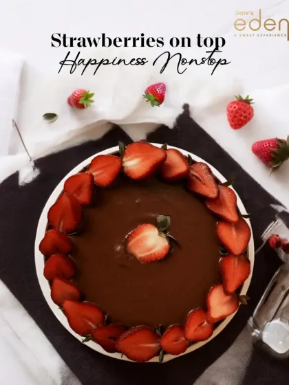 A swirl of chocolate, a crown of strawberries. Our full-sized chocolate strawberry cake is your happy place in every slice.