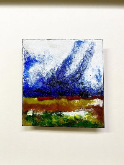 A close-up of the framed enamel landscape. The glossy, textured surface is what makes this medium so unique and beautiful.