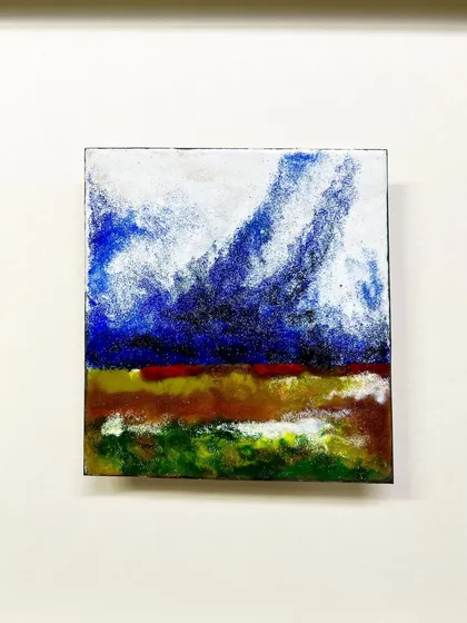 A close-up of the framed enamel landscape. The glossy, textured surface is what makes this medium so unique and beautiful.