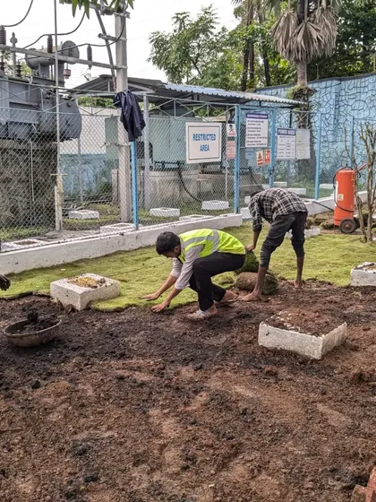 Even in smaller, more complex areas like this one near a power house, we meticulously prepare and lay the lawn.