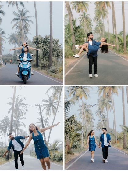 A playful collage of a couple enjoying the iconic palm-fringed roads of Goa. From scooter rides to fun poses, these photos are all about capturing the joy, freedom, and adventure of being in love in a beautiful place.