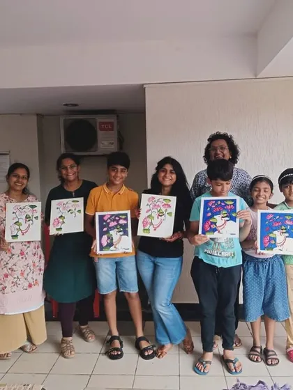 A happy group of students from our family-friendly Pichwai painting workshop. We love seeing artists of all ages come together to create and celebrate festive traditions like Ganesh Chaturthi.