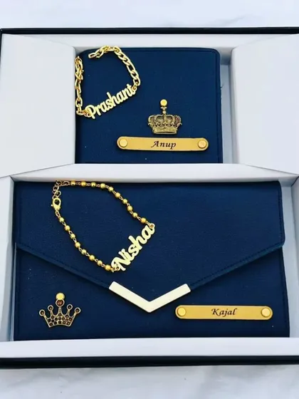 A perfect matching gift for a brother and sister, or for a couple. This set includes a personalized men's wallet and a women's clutch, both in navy blue with custom nameplates, charms, and matching bracelets.