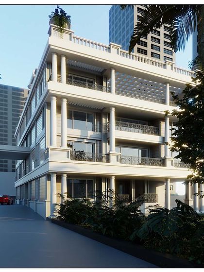 Another rendering of the Hampton style residence in Worli. This view shows the driveway approach and how the classical columns and detailed balustrades create a grand entrance.