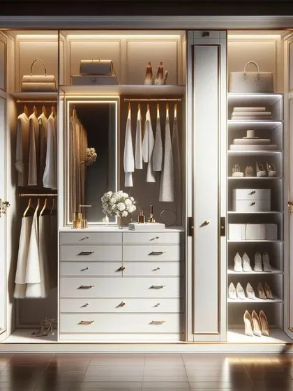 Another view of this elegant white closet design, showcasing the ample hanging space and high shelves for bags and accessories. Every item has its own beautifully lit home.