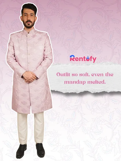 Outfit so soft, even the mandap melted. A graphic featuring our light pink sherwani, perfect for a groom or wedding guest.