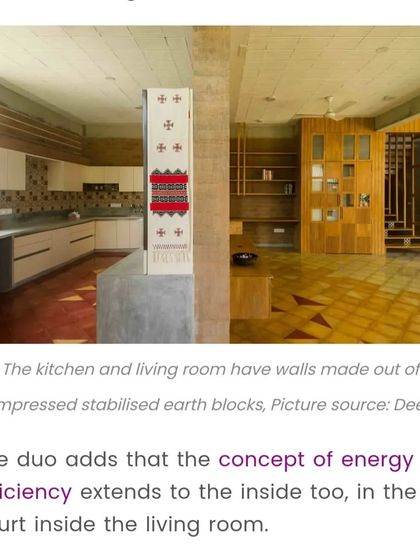 The concept of energy efficiency extends to the interior, with a court inside the living room that helps with passive cooling. The kitchen and living room feature walls made of compressed stabilised earth blocks.