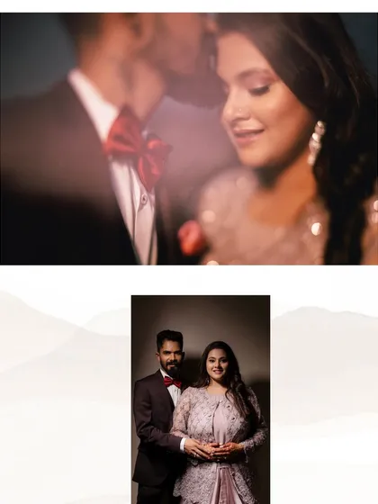 A collage of two romantic portraits from their engagement shoot. The top image is a soft-focus, intimate close-up, while the bottom is a more formal pose, showcasing the variety we can capture in one session.