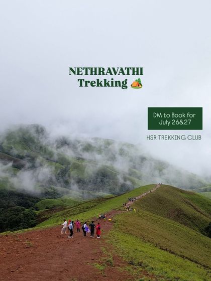 A promotional image showcasing the iconic trail of Nethravathi Peak, with trekkers ascending the ridge towards the cloud-covered summit.