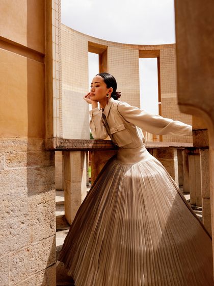A model posing at the Jantar Mantar in Jaipur for Ani Clothing. The architecture provided a stunning, geometric backdrop.